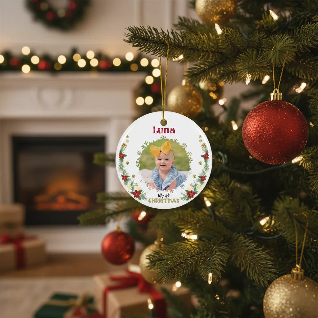 Personalized Christmas ornament on a decorated tree with festive background