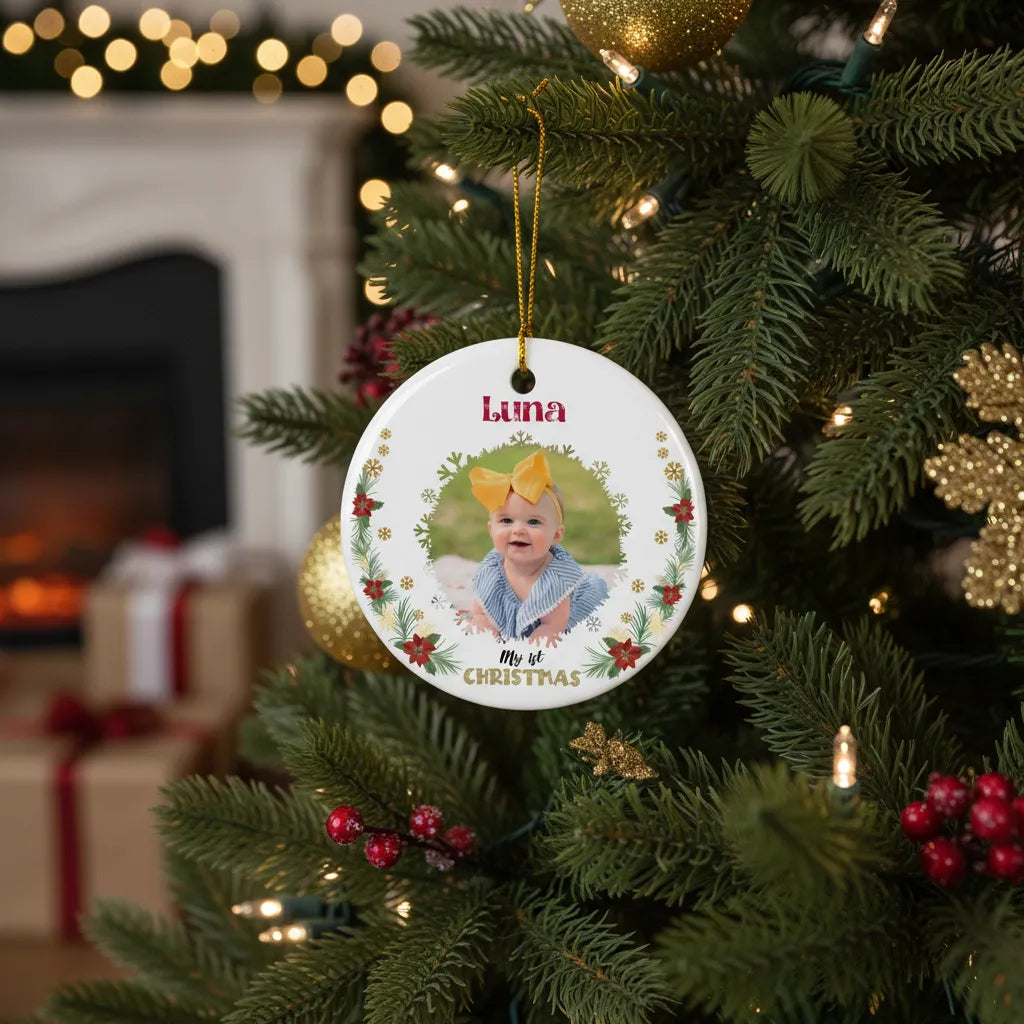 Personalized Christmas ornament with a baby photo on a decorated tree.