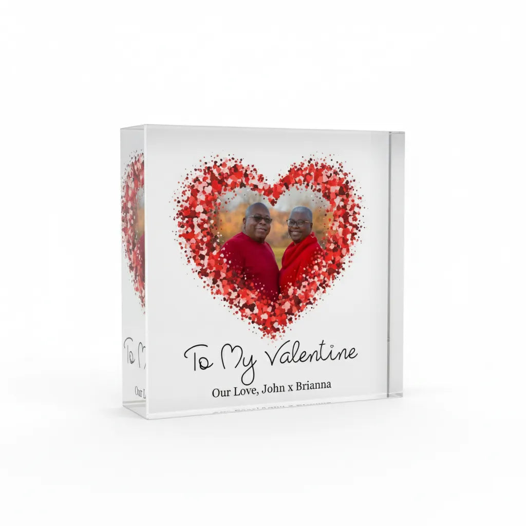 Acrylic Photo Block with a heart design featuring two people and text 'To My Valentine'.