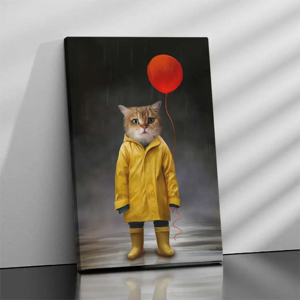 raincoat balloon horror pet portrait standing canvas