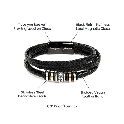 Black braided vegan leather bracelet with engraved clasp and decorative beads on a white background