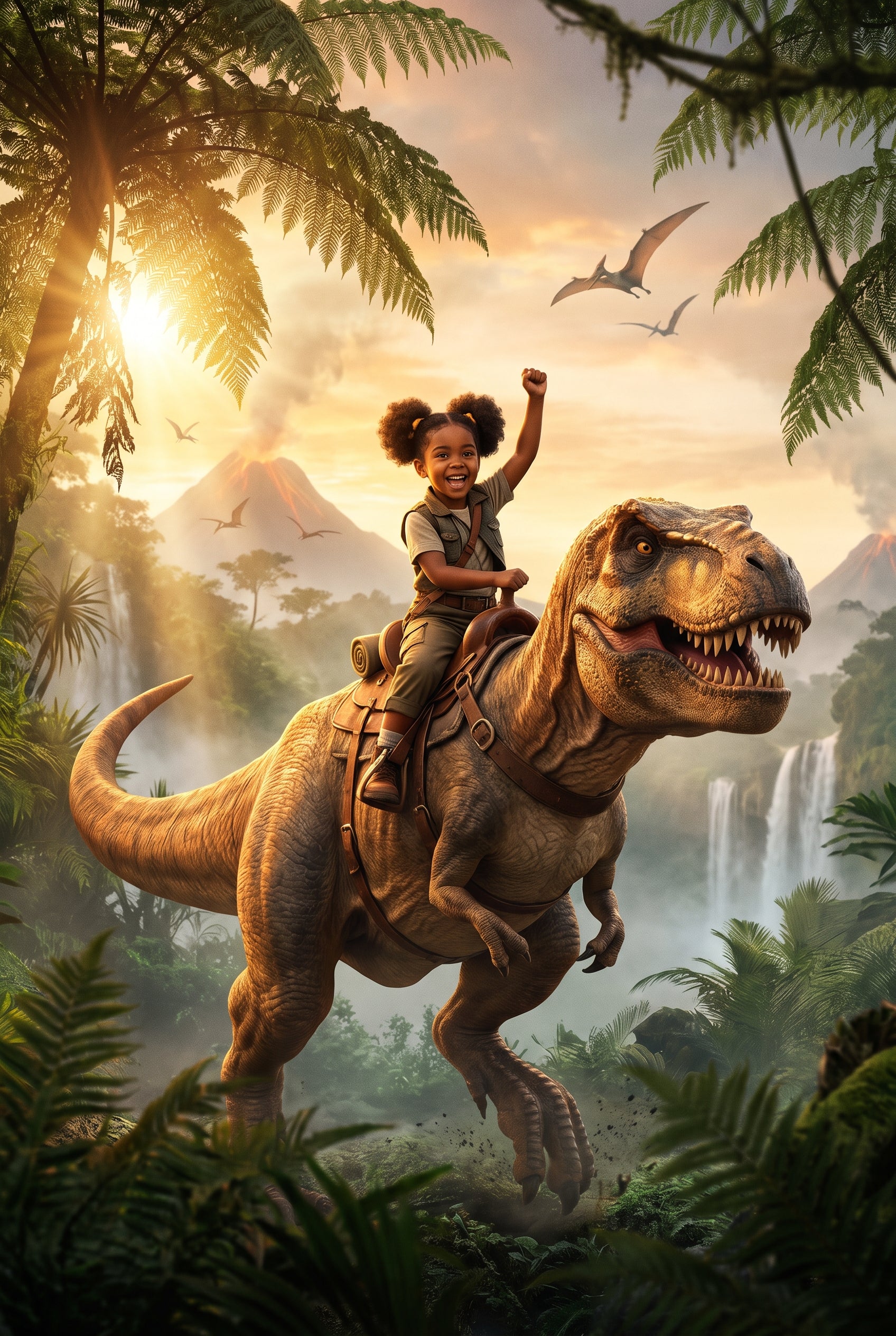 Personalized portrait of a child riding a friendly T-Rex through a prehistoric jungle