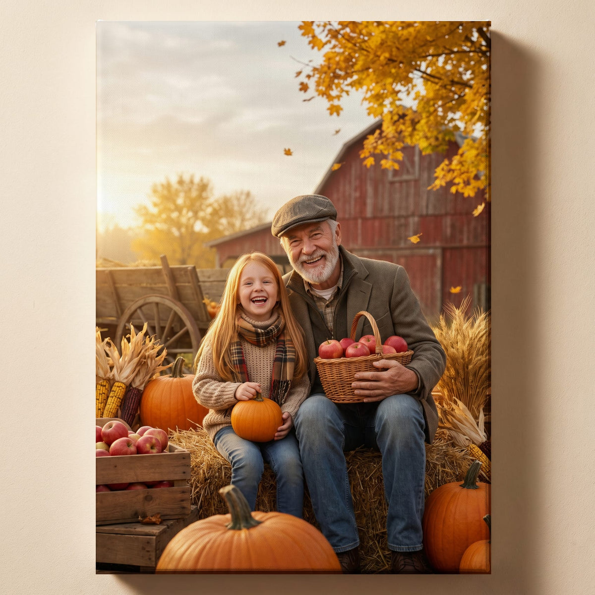 Personalized autumn harvest family artwork shown on canvas