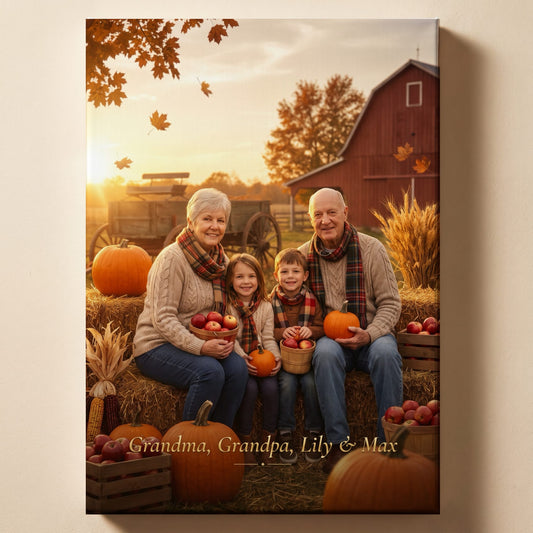 Personalized autumn harvest family portrait with the family's names as a title, shown on canvas