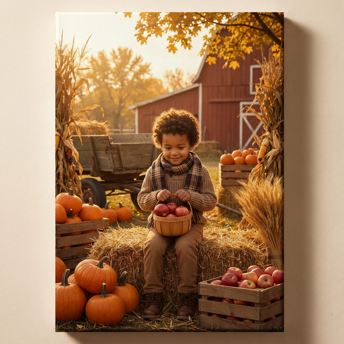 Personalized autumn harvest family artwork shown on canvas