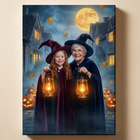 Personalized witch and wizard Halloween artwork shown on canvas