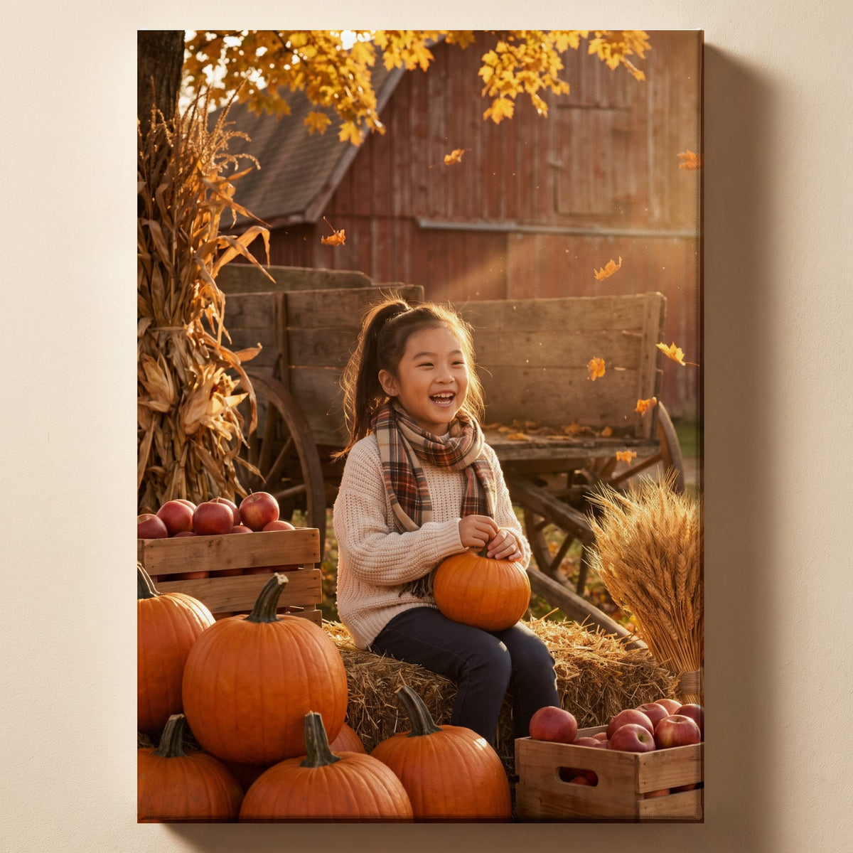 Personalized autumn harvest family artwork shown on canvas