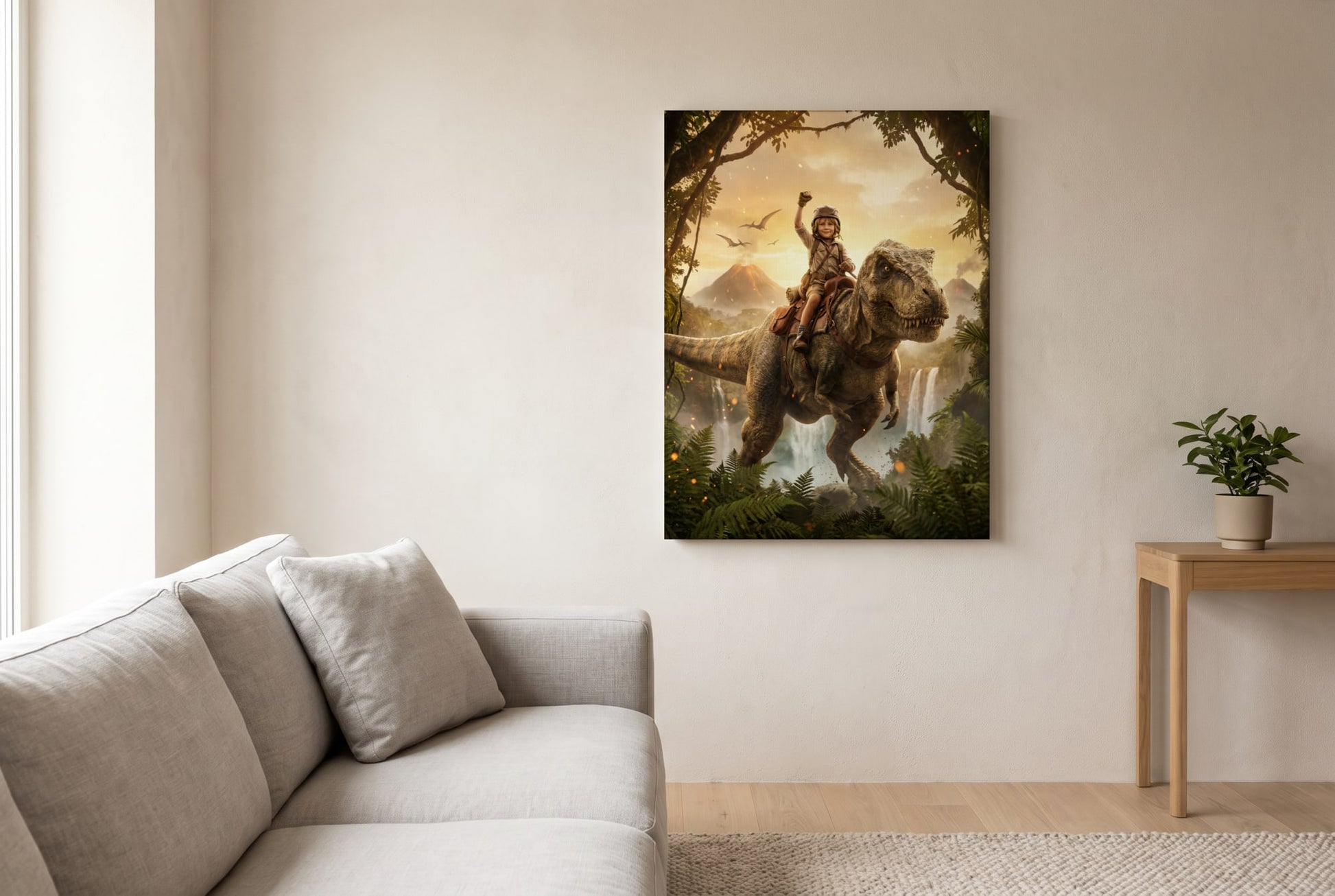 Personalized dinosaur rider artwork shown on canvas