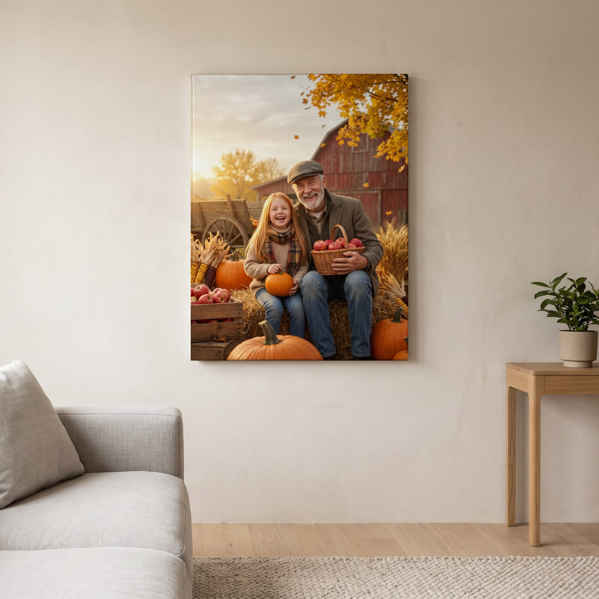Personalized autumn harvest family artwork shown on canvas