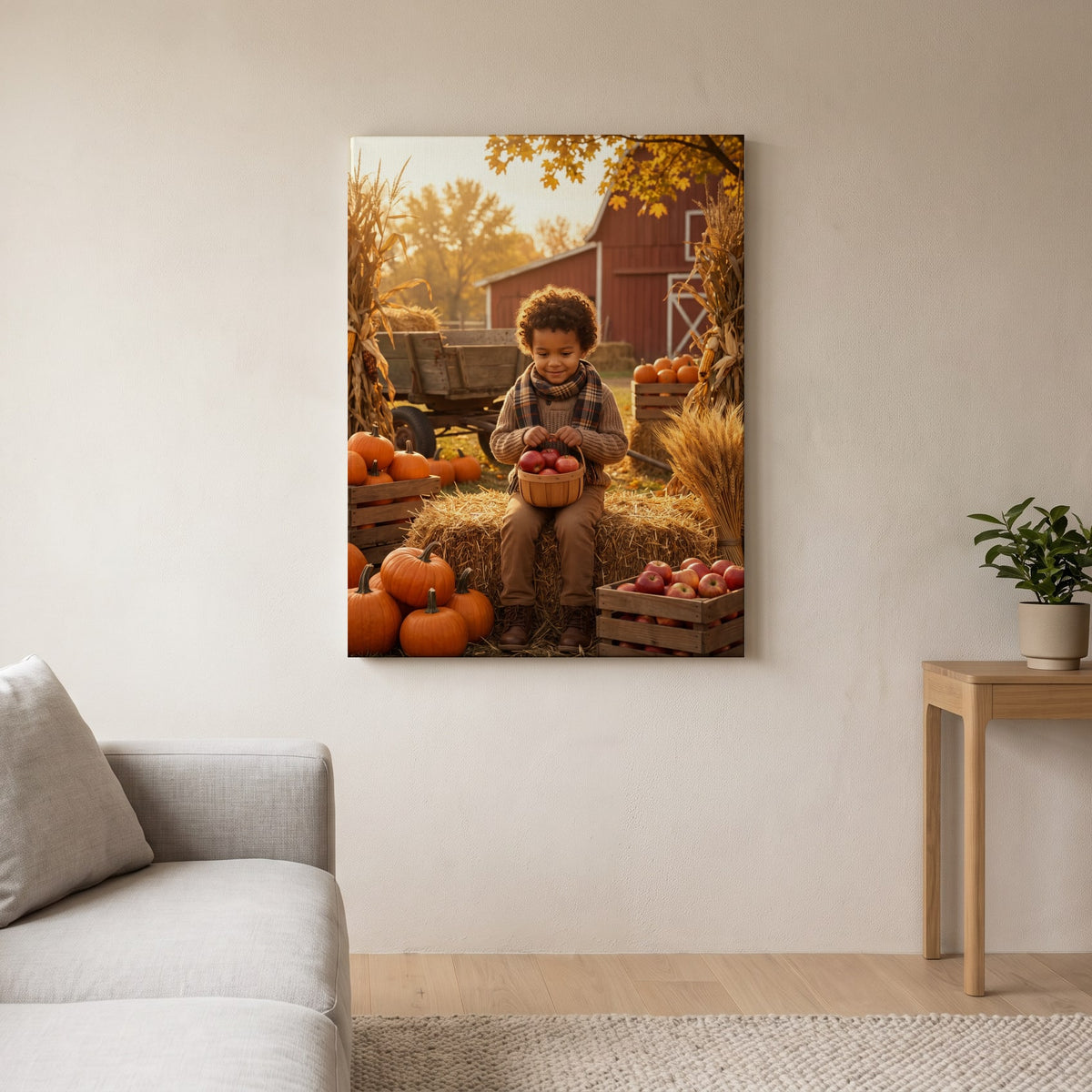 Personalized autumn harvest family artwork shown on canvas