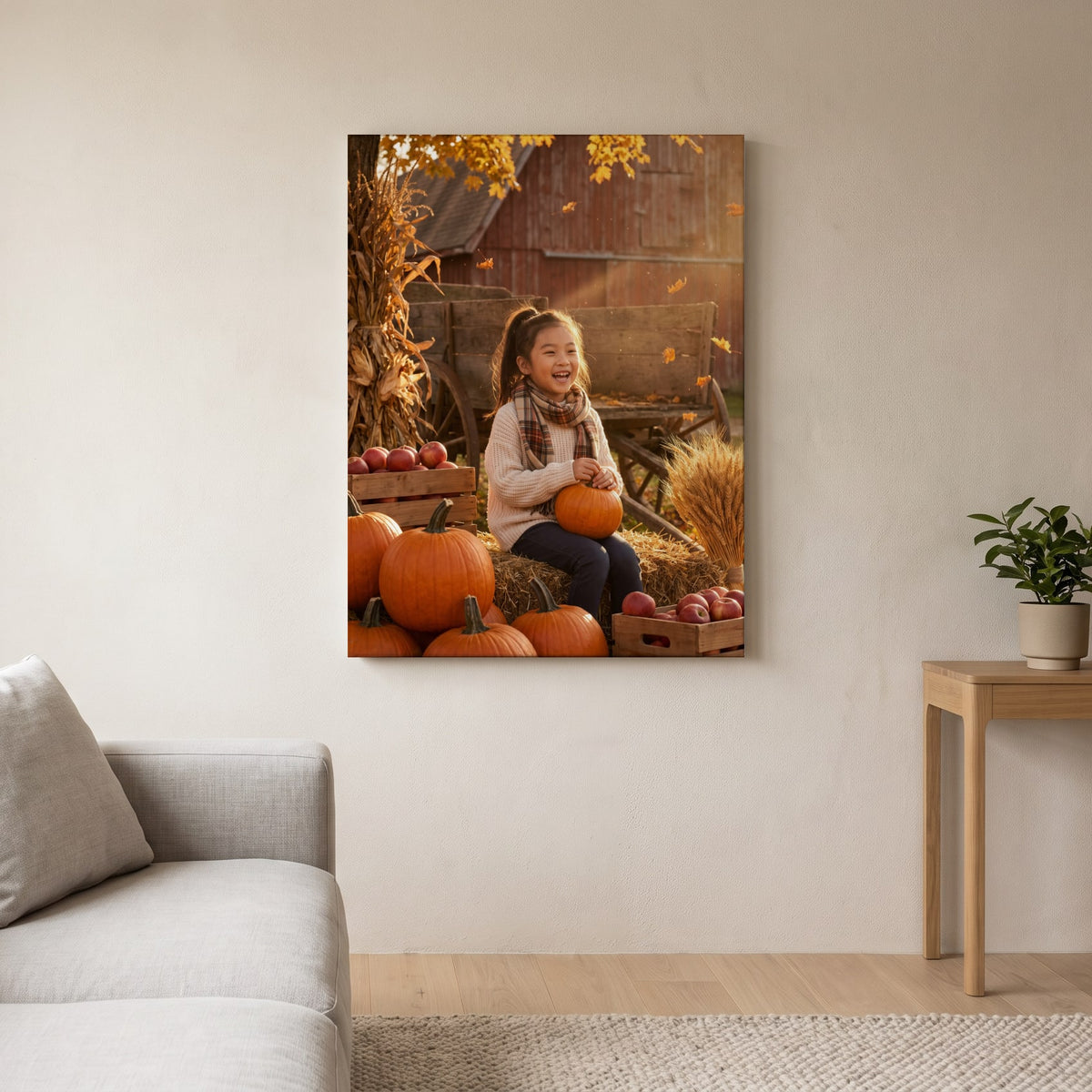 Personalized autumn harvest family artwork shown on canvas