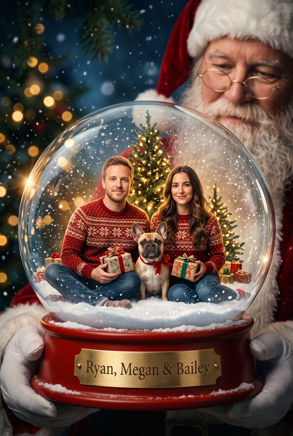 Personalized Christmas snow globe portrait shown on canvas