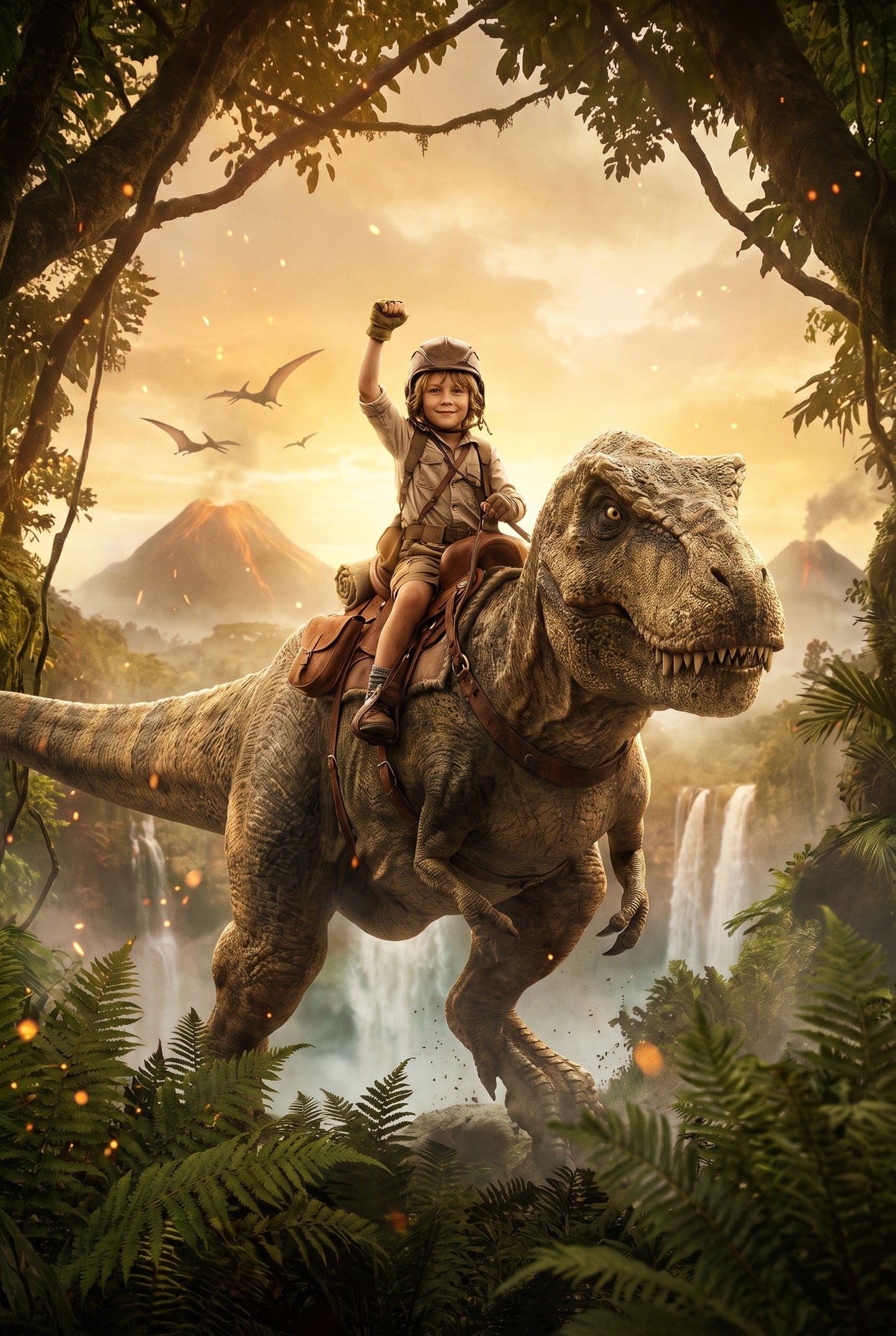 Personalized portrait of a child riding a friendly T-Rex through a prehistoric jungle
