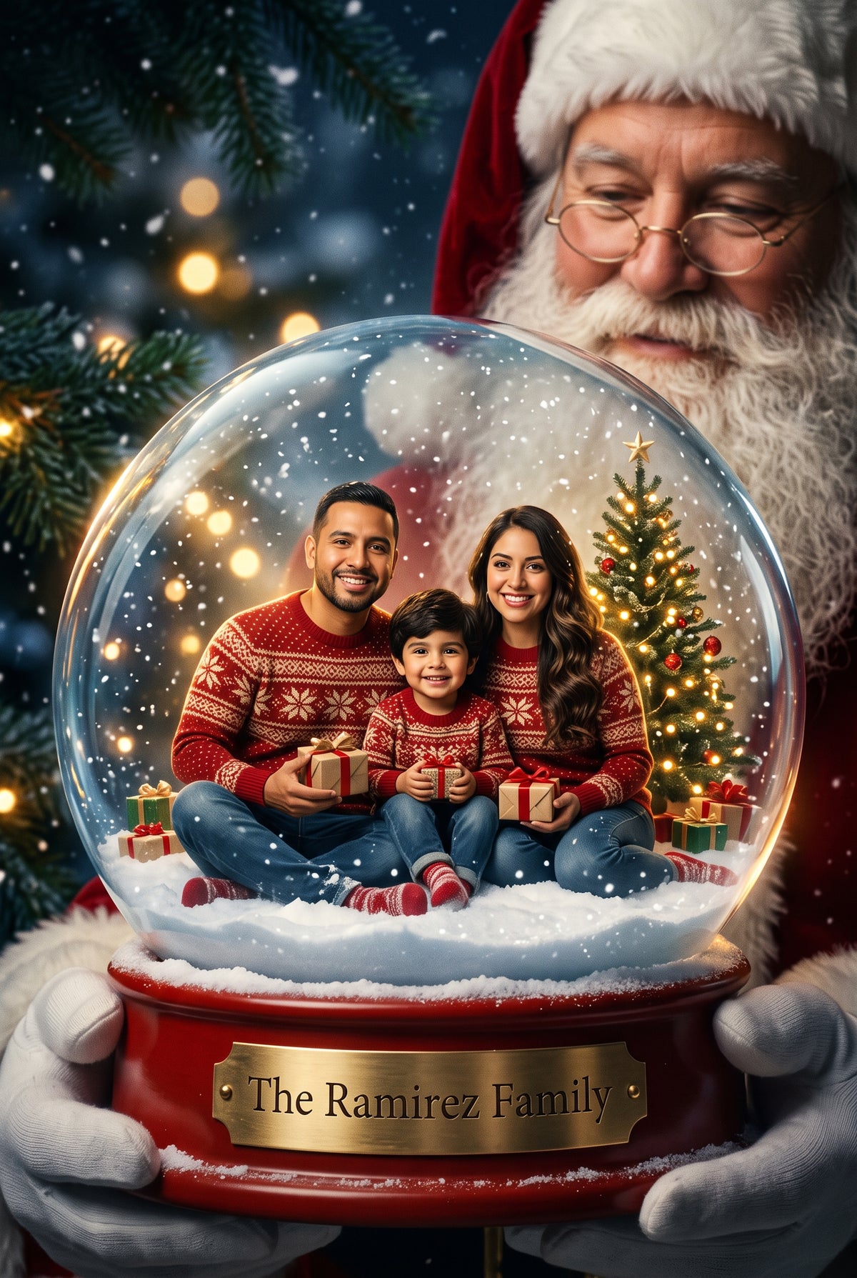 Personalized Christmas snow globe portrait shown on canvas